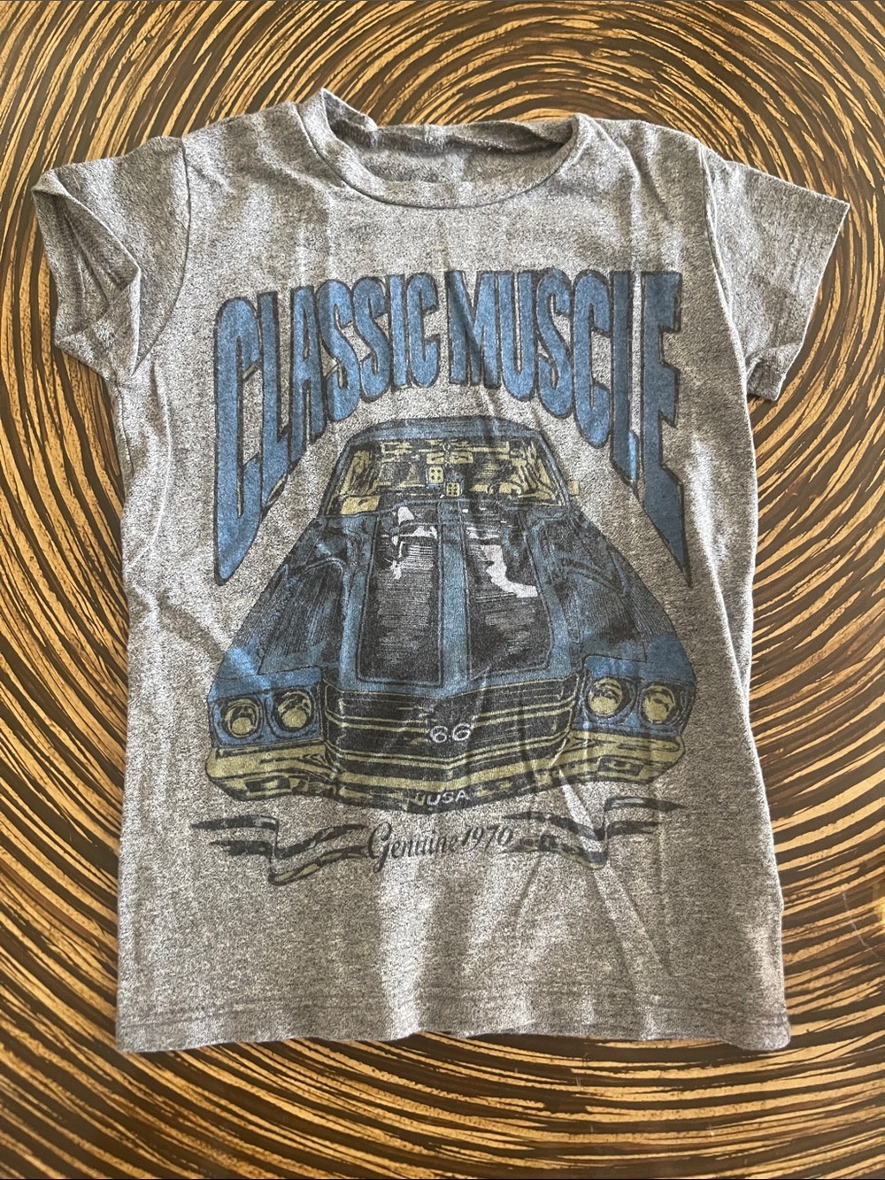 Lauren Moshi Gray Tee with Blue and Yellow Vintage Car Graphic